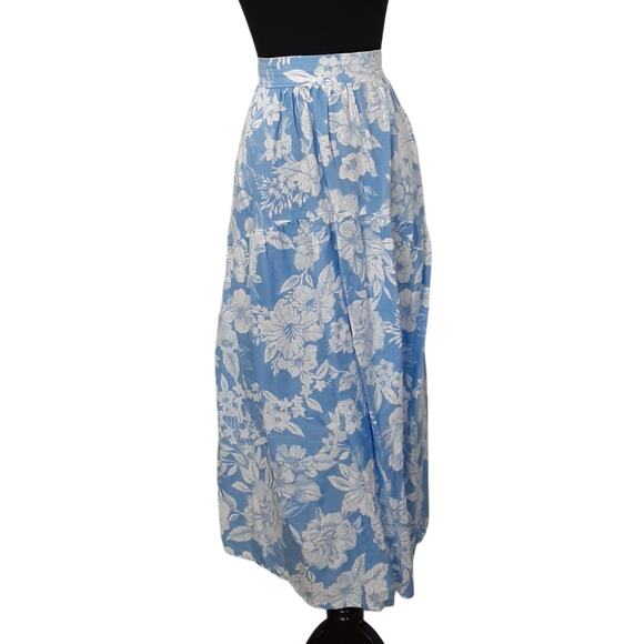 C&C California 100% Linen Maxi Skirt Set Blue Floral Crop Top Drop Shoulder Sz L - Picture 8 of 13